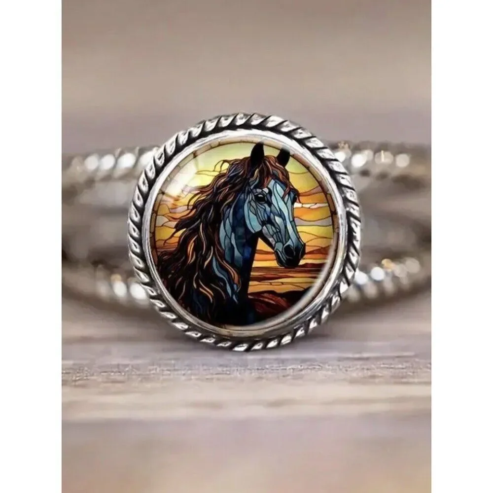 Stained Glass Horse Silver-Tone Ring in Blue and Brown
